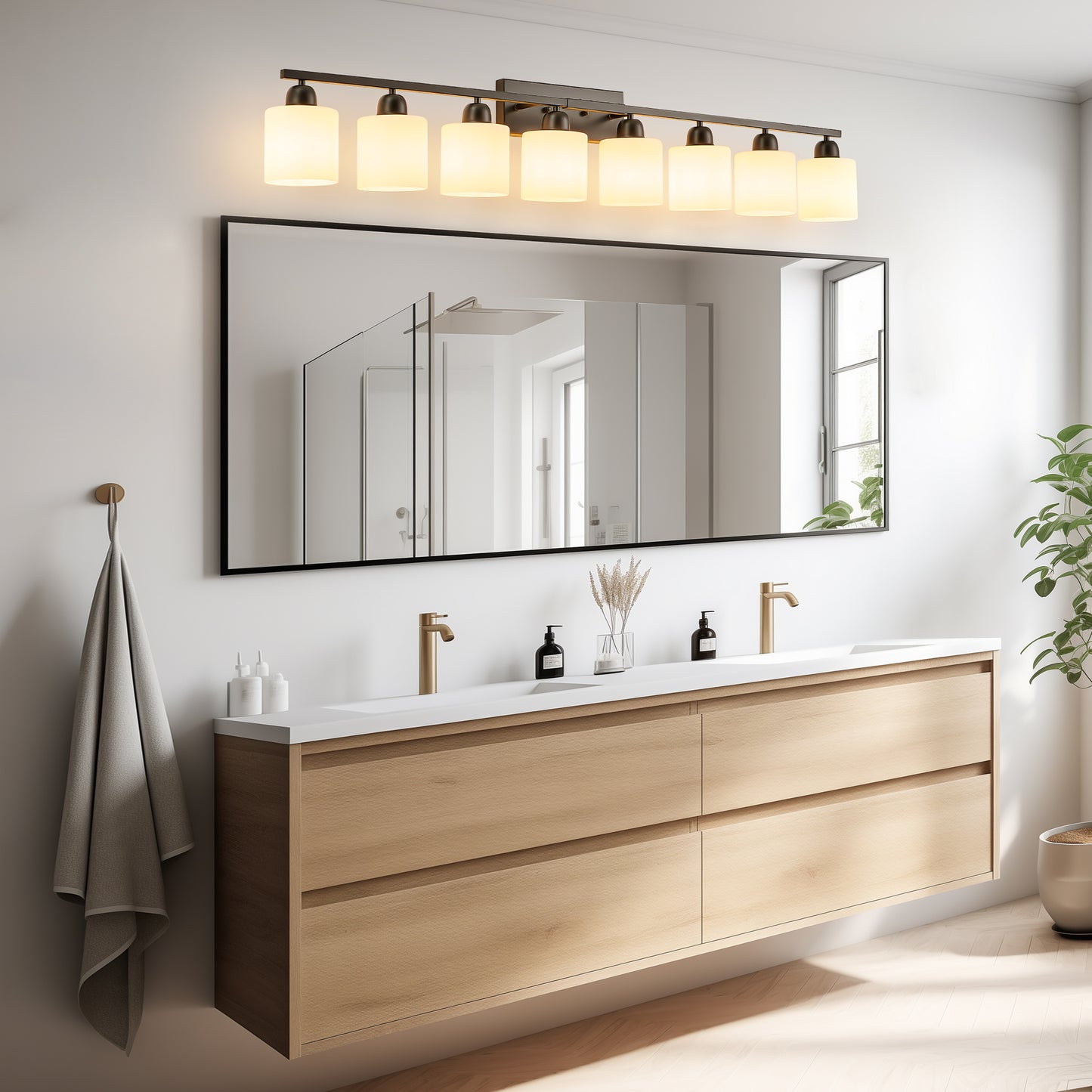 8-Light Bathroom Light Fixtures Over Mirror, 52inch Modern Matte Black Vanity Lights With White Frosted Glass Shade, Bathroom Wall Lamp Sconces For Mirror Bedroom, Living Room Hallway