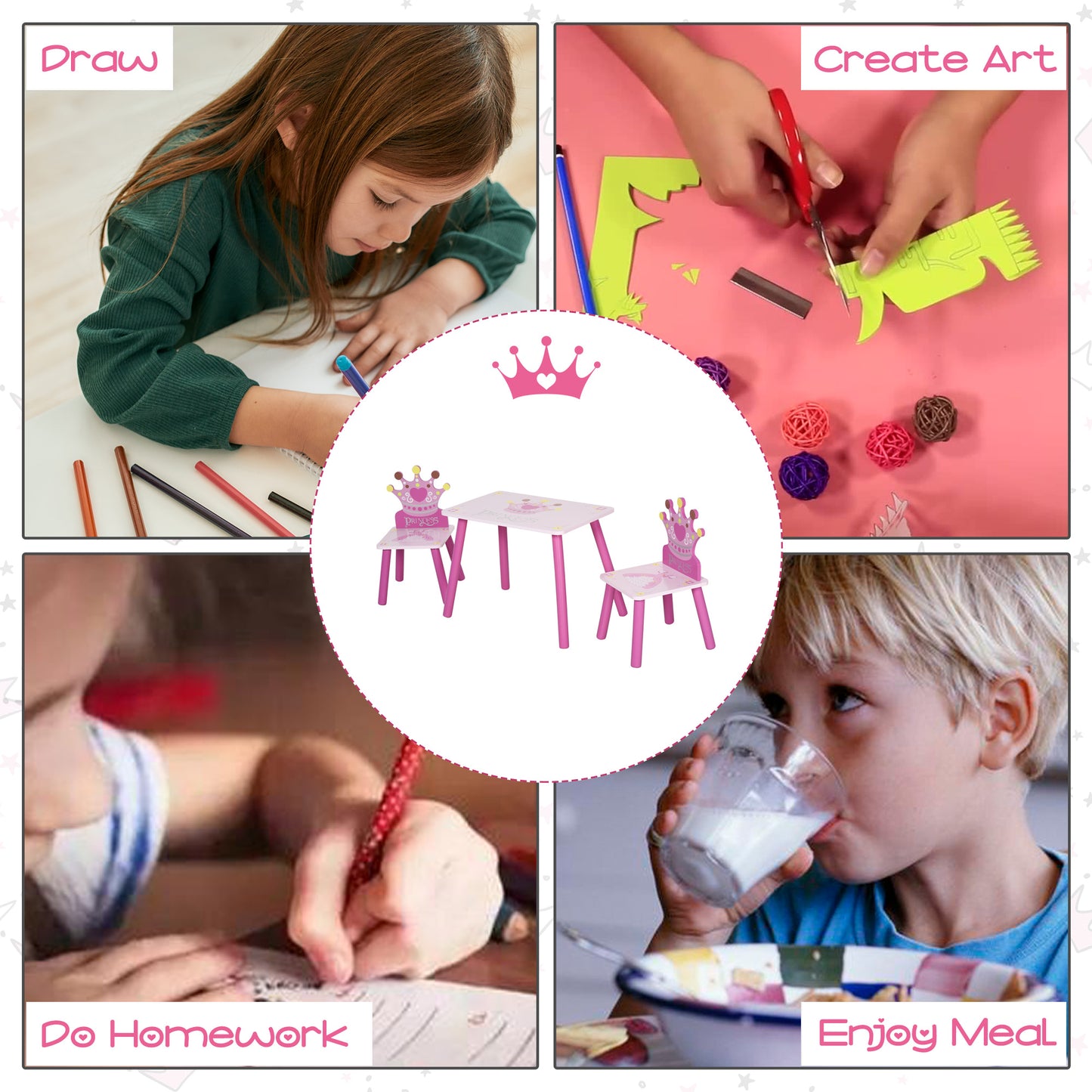 3 Pcs Kids And Table Chair Set Princess & Crown Theme Home Furniture Pretty Gift 2-4 Years Pink