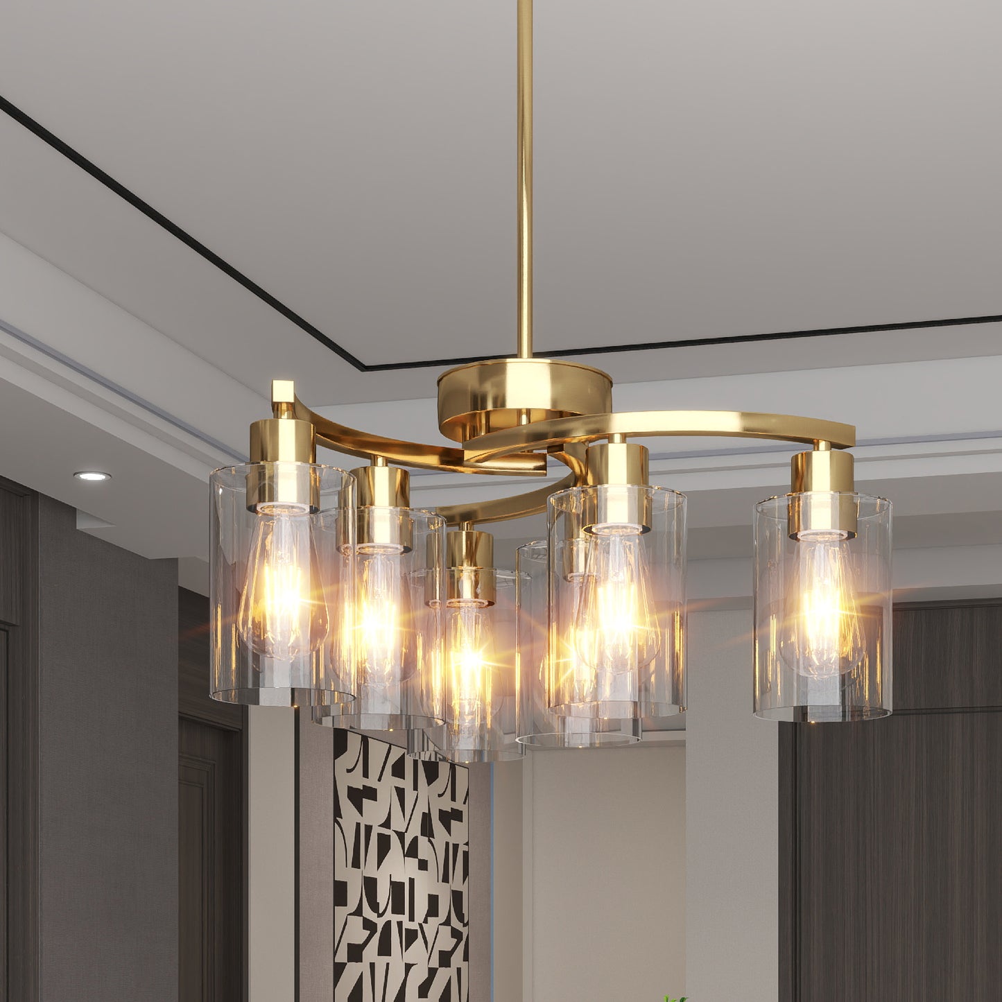 6-Light Gold Chandeliers For Dining Room, Modern Kitchen Island Light Fixtures Over Table, Metal Hanging Pendant Lighting For Living Room Stairwell Entryway Bedroom, Clear Glass Shade
