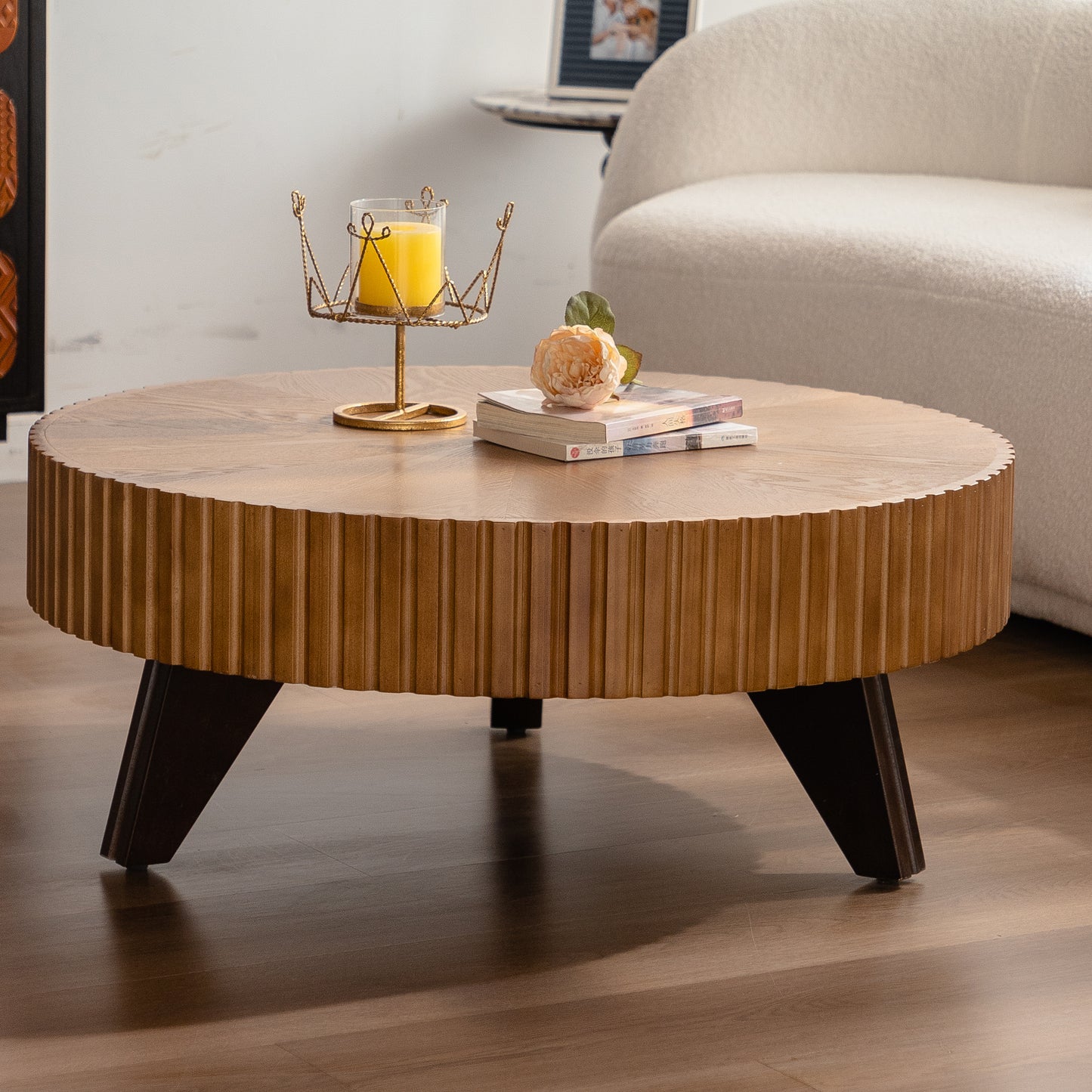 35.4 Round Retro Coffee Table, Coffee Table Suitable For Coffee And Home Decor, Natural