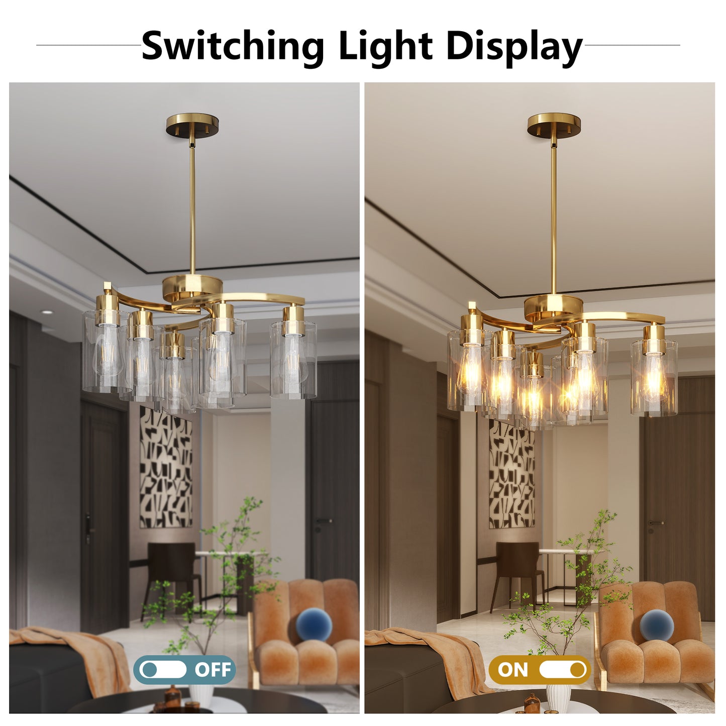 6-Light Gold Chandeliers For Dining Room, Modern Kitchen Island Light Fixtures Over Table, Metal Hanging Pendant Lighting For Living Room Stairwell Entryway Bedroom, Clear Glass Shade