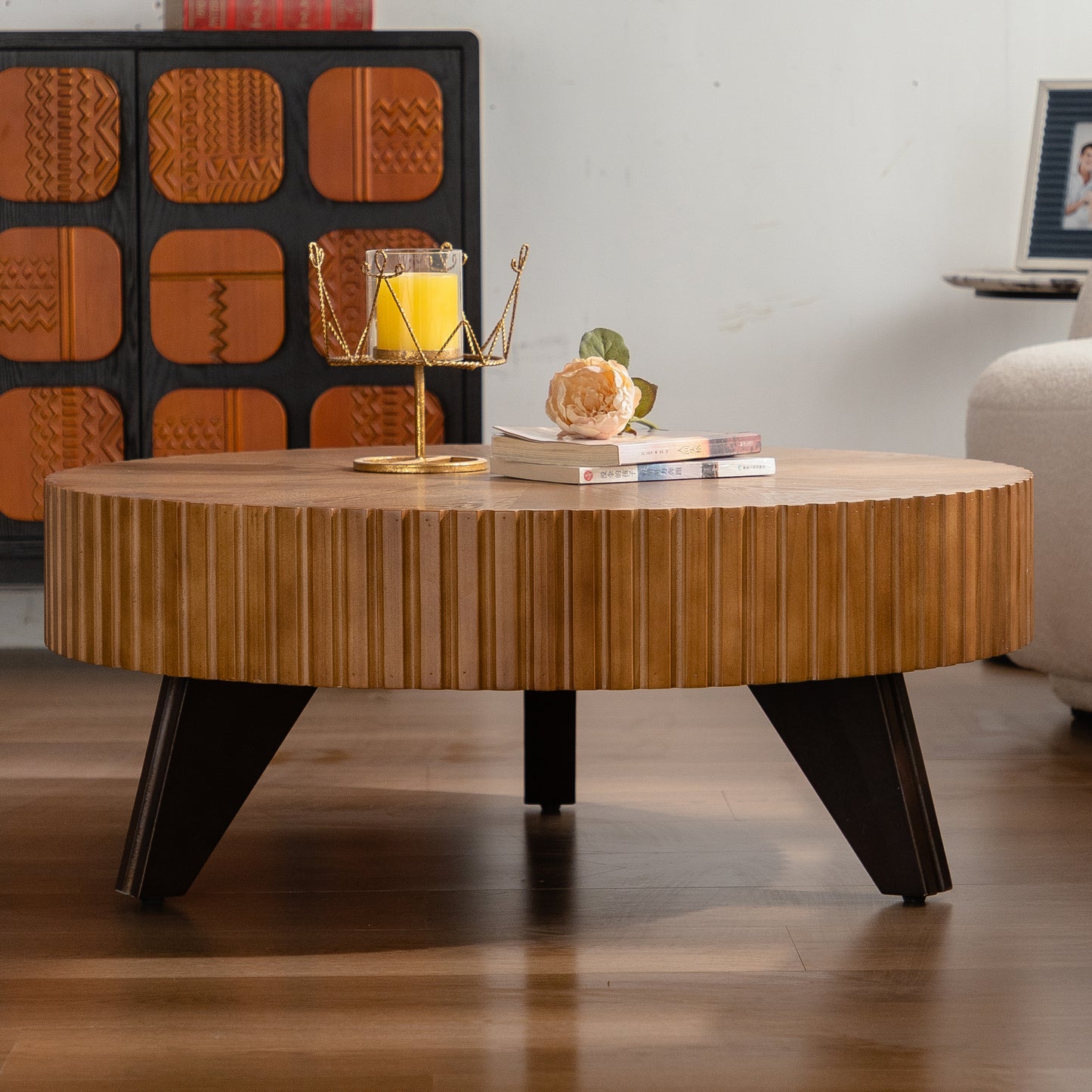 35.4 Round Retro Coffee Table, Coffee Table Suitable For Coffee And Home Decor, Natural