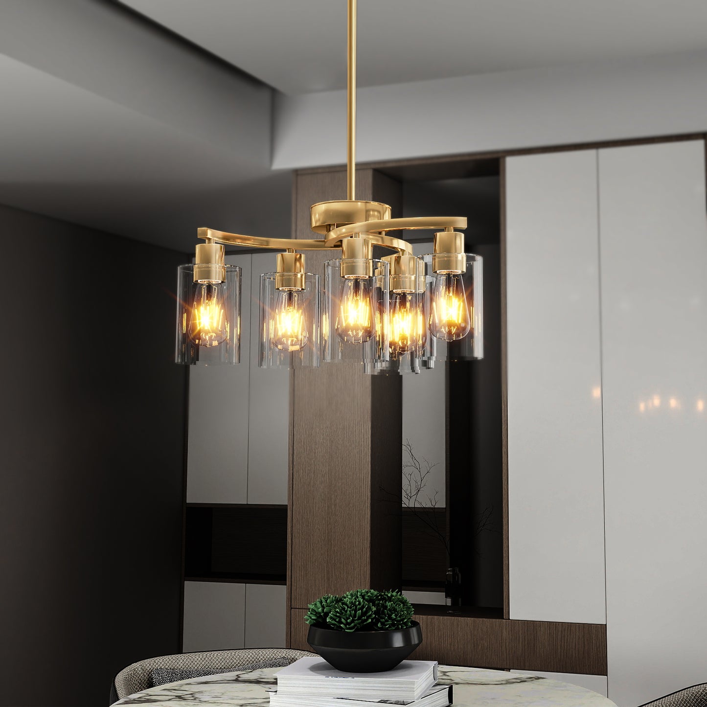6-Light Gold Chandeliers For Dining Room, Modern Kitchen Island Light Fixtures Over Table, Metal Hanging Pendant Lighting For Living Room Stairwell Entryway Bedroom, Clear Glass Shade
