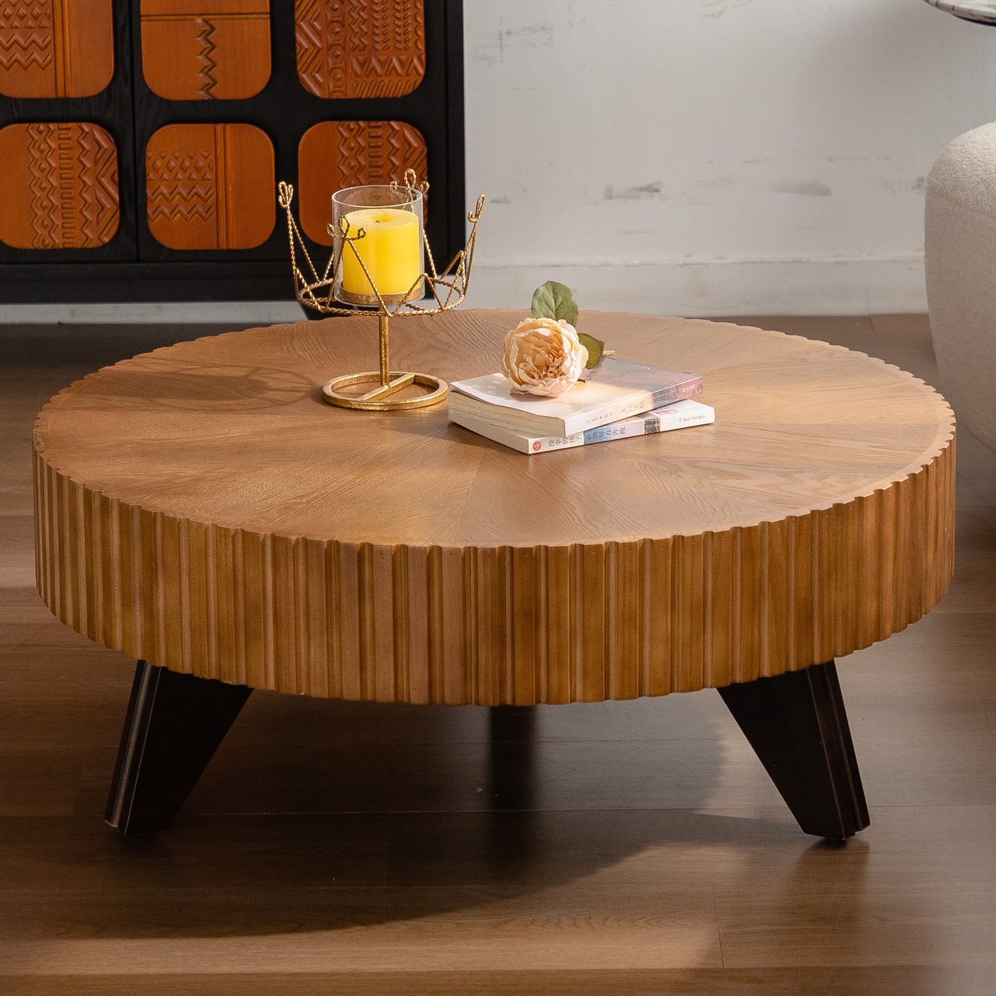 35.4 Round Retro Coffee Table, Coffee Table Suitable For Coffee And Home Decor, Natural