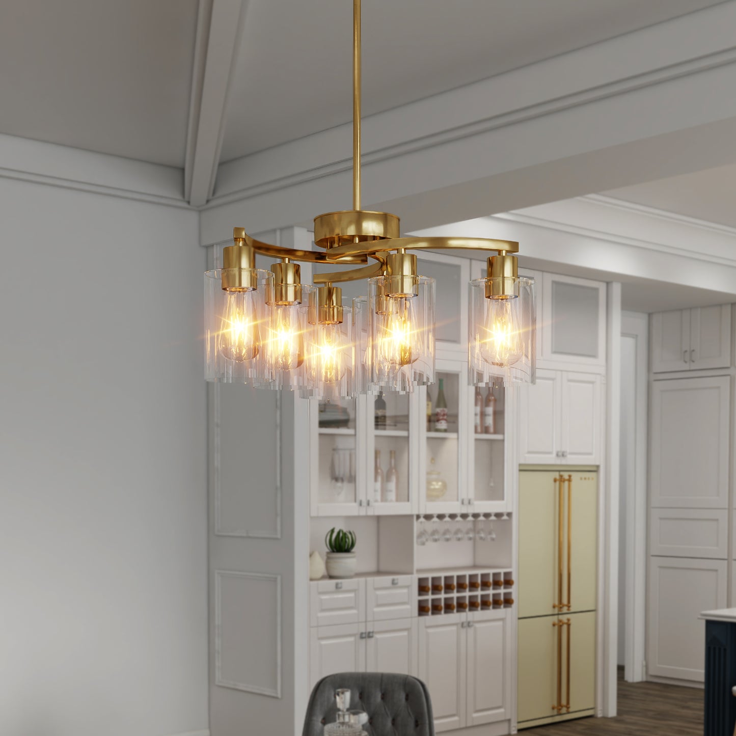 6-Light Gold Chandeliers For Dining Room, Modern Kitchen Island Light Fixtures Over Table, Metal Hanging Pendant Lighting For Living Room Stairwell Entryway Bedroom, Clear Glass Shade