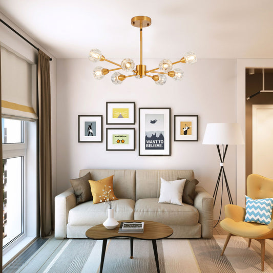 28 Modern Crystal Chandeliers, 9 Lights Golden Chandelier For Living Room Bedroom, Dining Room Chandelier Over Table, Kitchen Light Fixtures Bulbs Not Included
