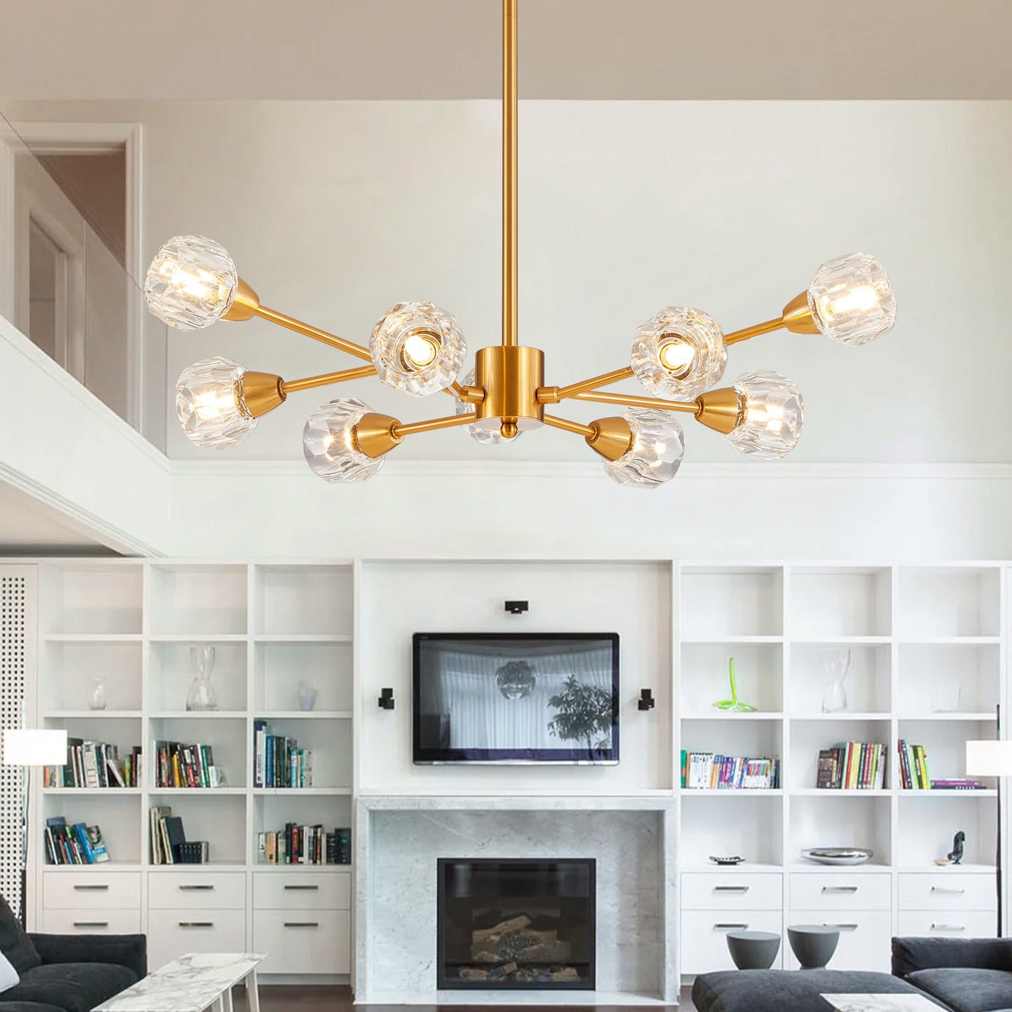 28 Modern Crystal Chandeliers, 9 Lights Golden Chandelier For Living Room Bedroom, Dining Room Chandelier Over Table, Kitchen Light Fixtures Bulbs Not Included