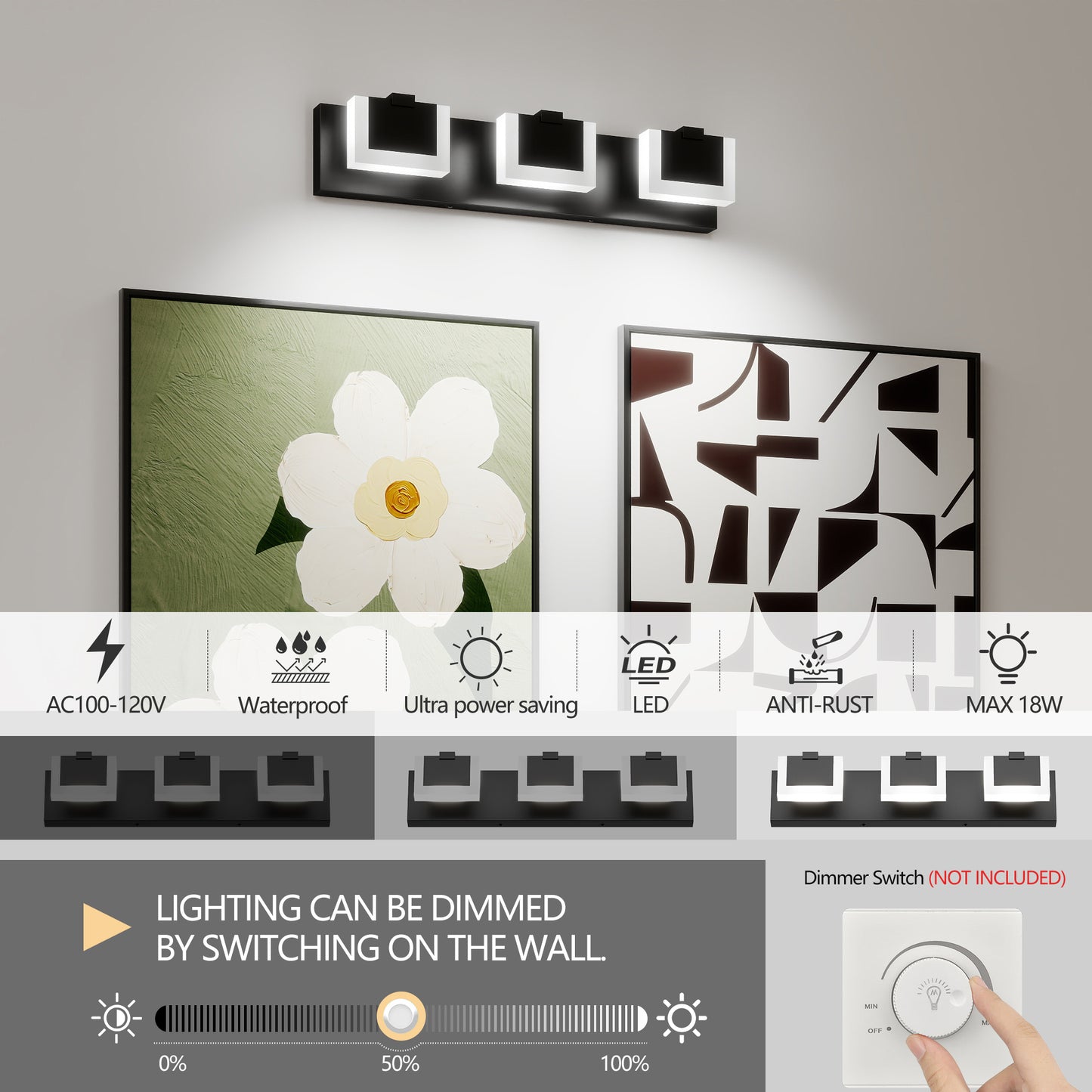 3 Lights Modern Black Vanity Light Up And Down Black LED Vanity Light Fixtures Bathroom Wall Light Over Mirror 6000K