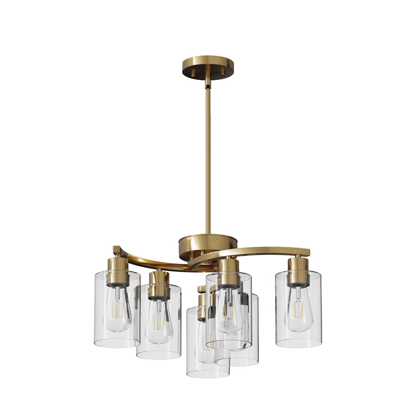6-Light Gold Chandeliers For Dining Room, Modern Kitchen Island Light Fixtures Over Table, Metal Hanging Pendant Lighting For Living Room Stairwell Entryway Bedroom, Clear Glass Shade