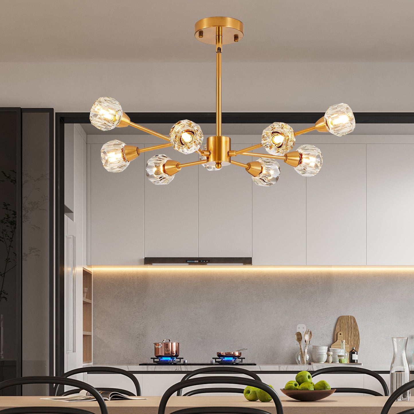 28  Modern Crystal Chandeliers, 9 Lights Golden Chandelier For Living Room Bedroom, Dining Room Chandelier Over Table, Kitchen Light Fixtures Bulbs Not Included