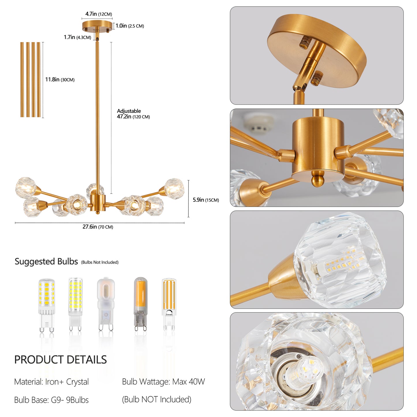 28 Modern Crystal Chandeliers, 9 Lights Golden Chandelier For Living Room Bedroom, Dining Room Chandelier Over Table, Kitchen Light Fixtures Bulbs Not Included