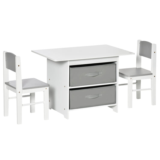3 Pcs Kids Table & Chairs Set Mini Seating Furniture Home Playroom Bedroom Dining Room W/ Storage Drawers Safe Corners For 2-4 Years Old White