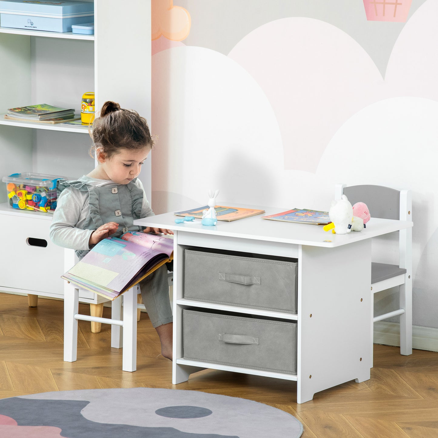 3 Pcs Kids Table & Chairs Set Mini Seating Furniture Home Playroom Bedroom Dining Room W/ Storage Drawers Safe Corners For 2-4 Years Old White