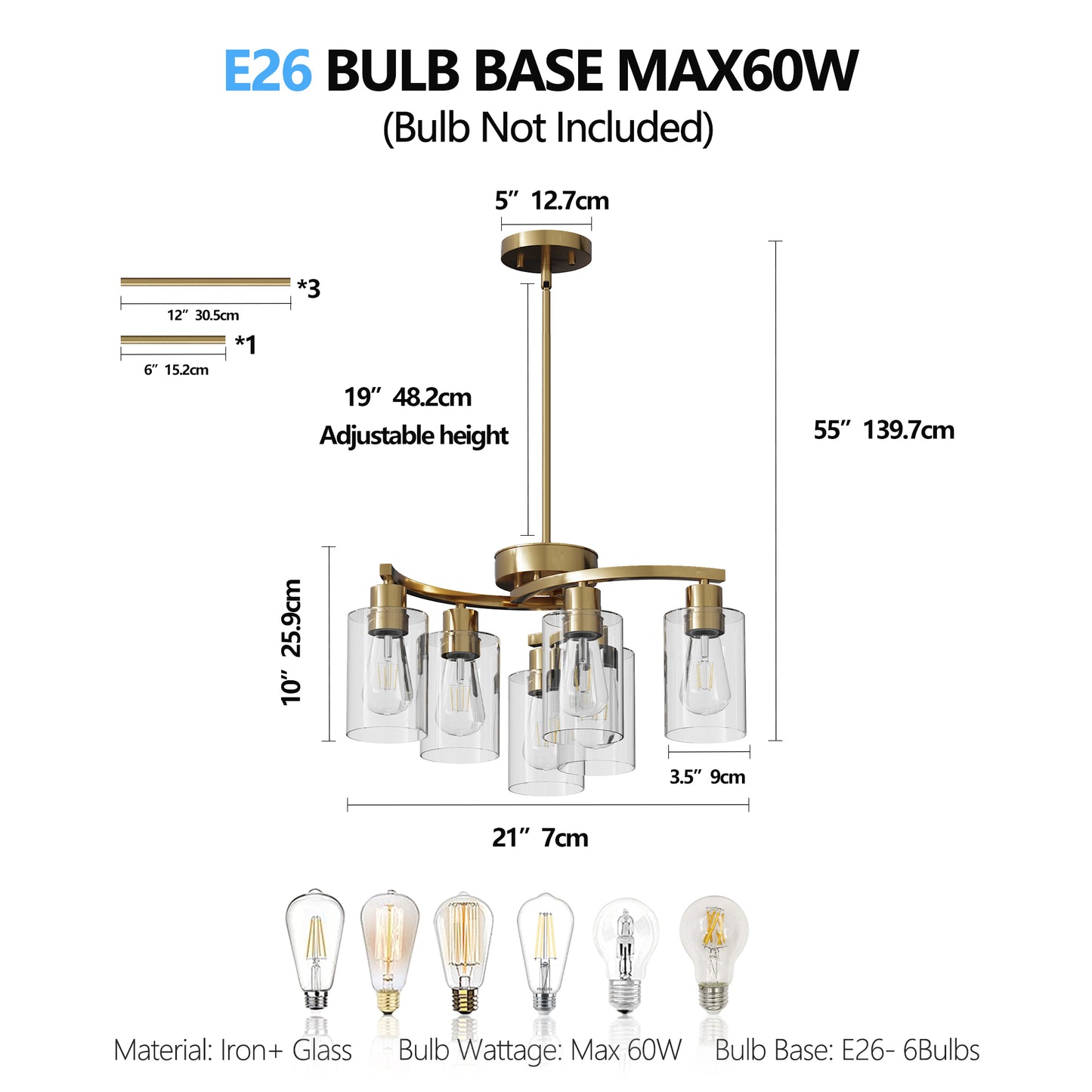 6-Light Gold Chandeliers For Dining Room, Modern Kitchen Island Light Fixtures Over Table, Metal Hanging Pendant Lighting For Living Room Stairwell Entryway Bedroom, Clear Glass Shade