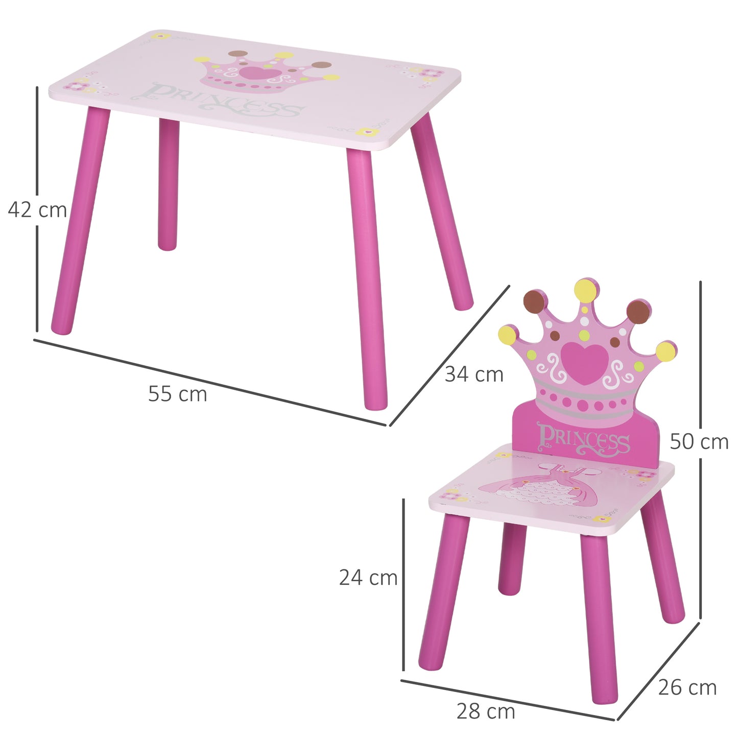 3 Pcs Kids And Table Chair Set Princess & Crown Theme Home Furniture Pretty Gift 2-4 Years Pink