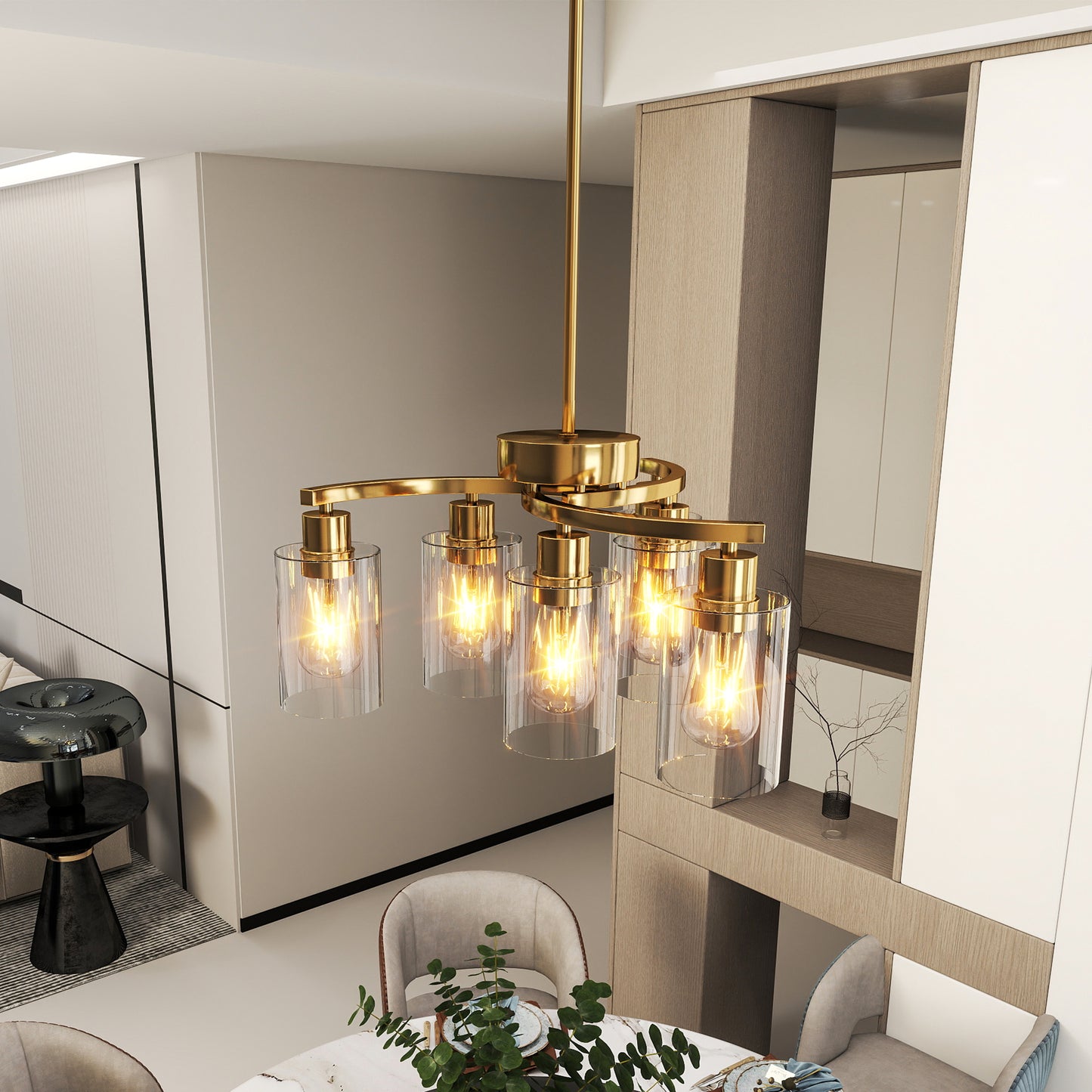 6-Light Gold Chandeliers For Dining Room, Modern Kitchen Island Light Fixtures Over Table, Metal Hanging Pendant Lighting For Living Room Stairwell Entryway Bedroom, Clear Glass Shade