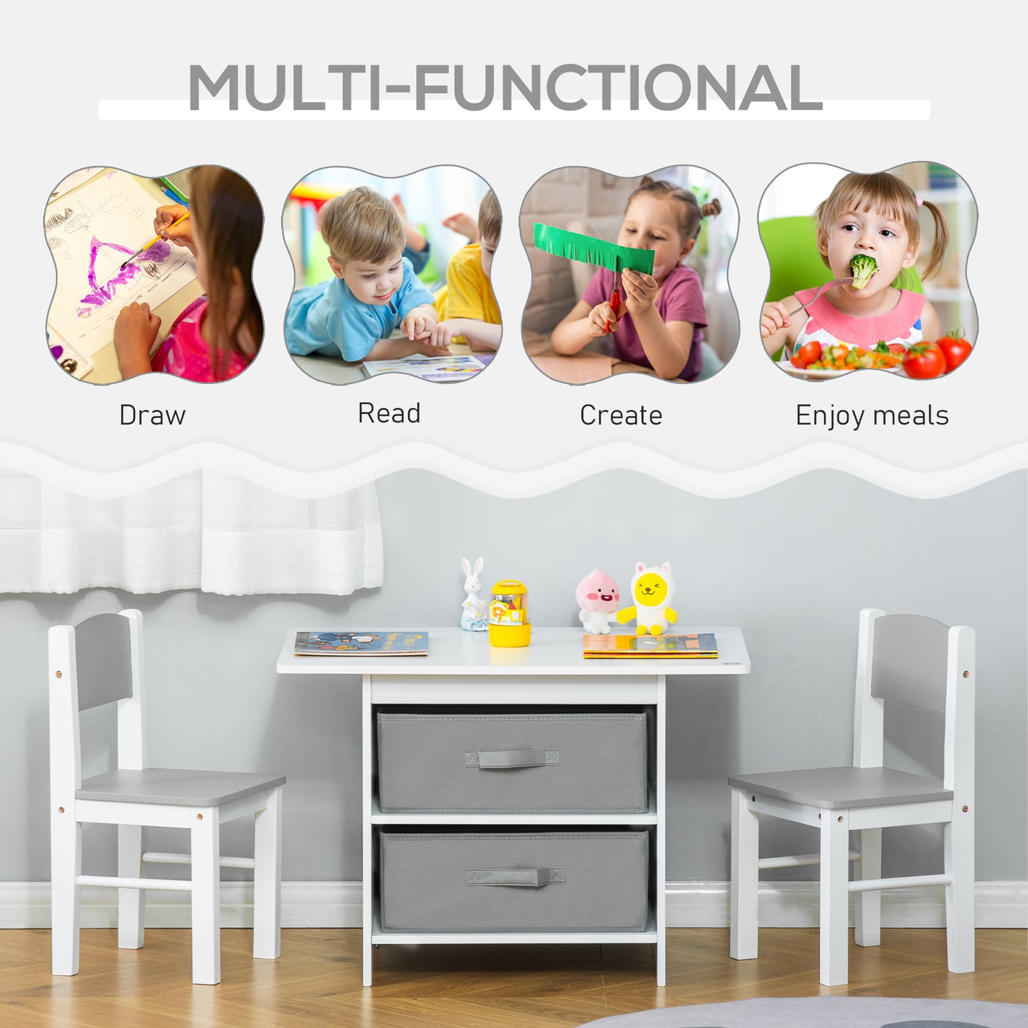 3 Pcs Kids Table & Chairs Set Mini Seating Furniture Home Playroom Bedroom Dining Room W/ Storage Drawers Safe Corners For 2-4 Years Old White