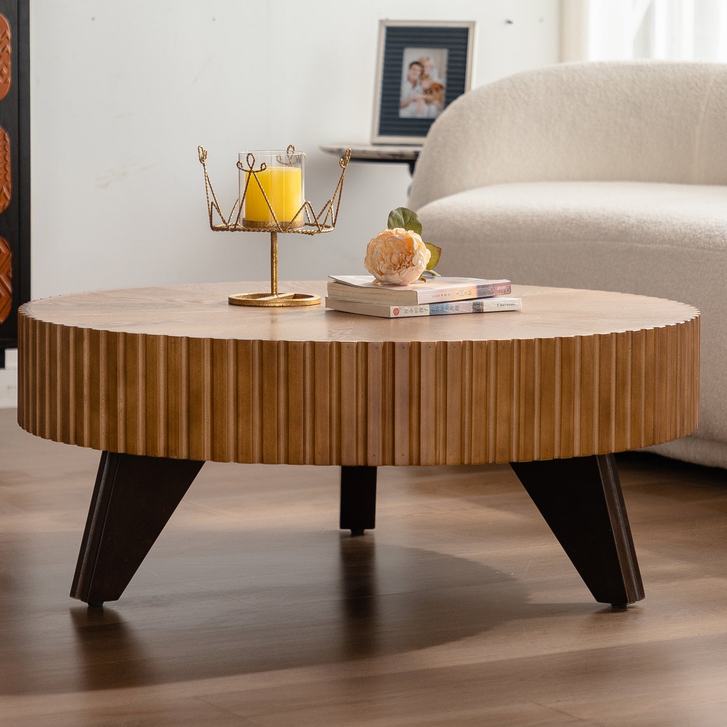 35.4 Round Retro Coffee Table, Coffee Table Suitable For Coffee And Home Decor, Natural
