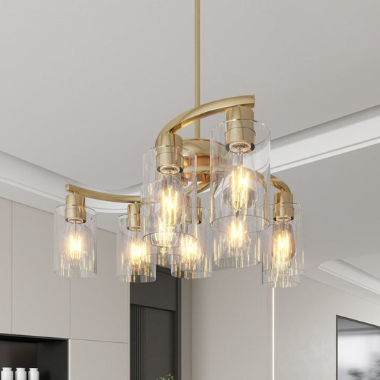 9-Light Gold Glass Chandelier, Adjustable Height Dining Room Light Fixtures Over Table, Contemporary Hanging Chandelier For Kitchen Island Living Room Foyer Office, Clear Glass Shade
